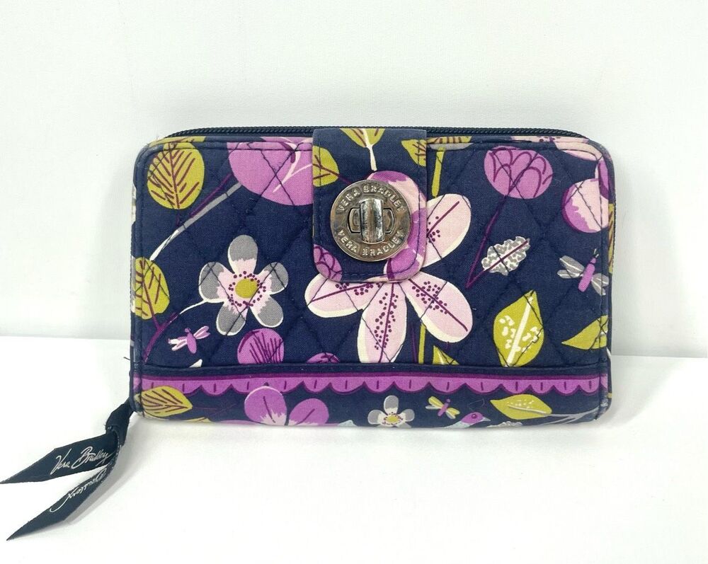 Vintage Vera Bradley Turn Lock Nightingale Wallet Purple Blue Large Zip Around